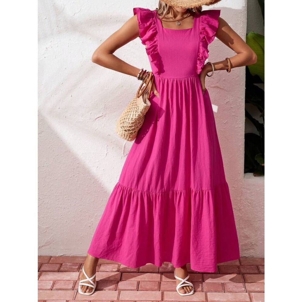 Fuchsia Flutter Sleeve Tiered Maxi Dress XXL